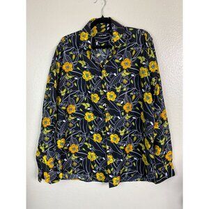 Barry Wang Mens Long Sleeve Floral Dress Shirt Size Large Black Yellow Hawaiian